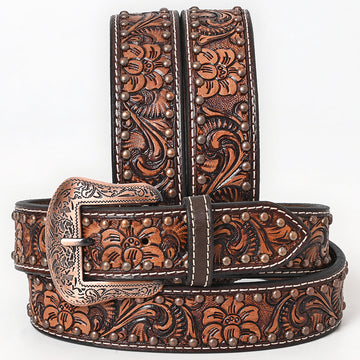 BAR H EQUINE Floral Genuine Hand Tooled Western Fashion Premium Leather Men And Women Belt Brown